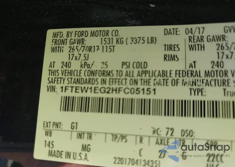 2017 Ford F-150 King Ranch/Lariat/Limited/Platinum/Xl/Xlt z USA, uszkodzony, nr VIN 1FTEW1EG2HFC05151